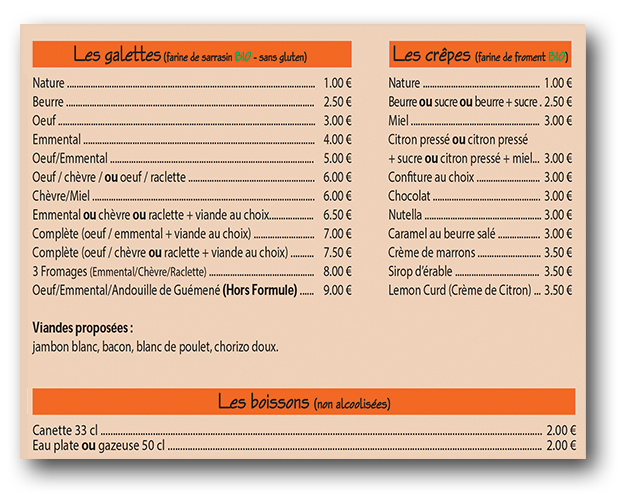 Carte La crêpe en balade - Tarifs Nantes sud Loire et Pays de Retz